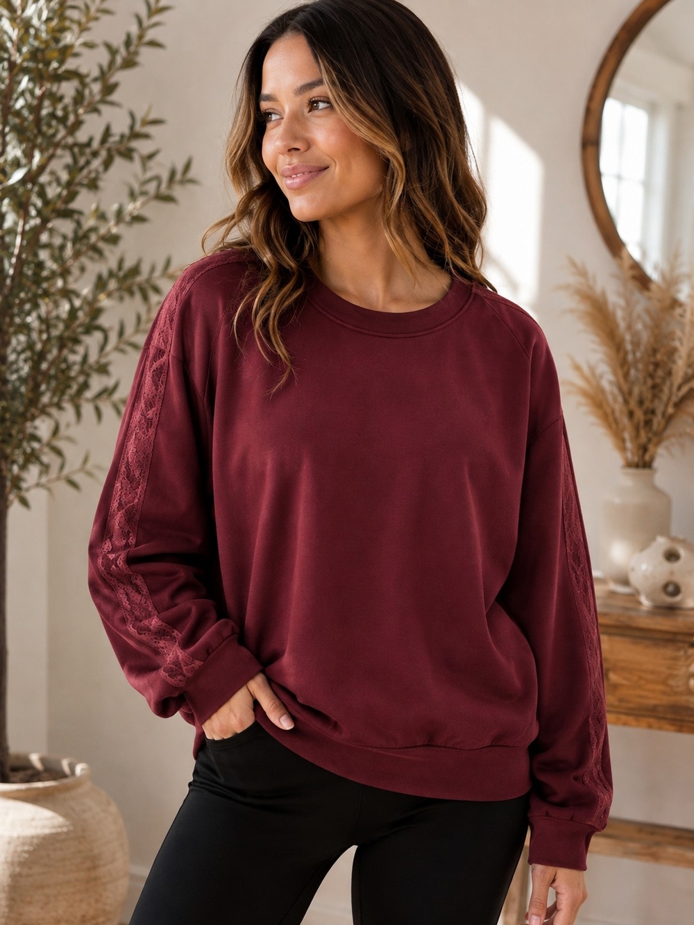 All in Motion NWT Airy Sleek Lace Crewneck Sweatshirt Maroon Sz L